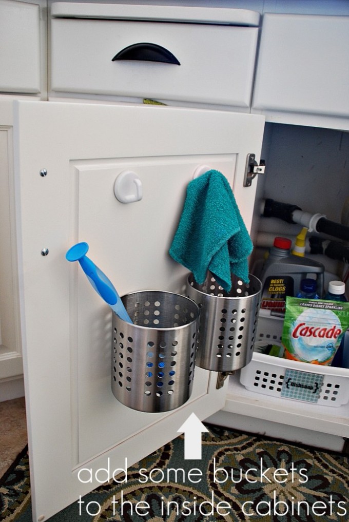 bucket storage inside cabinet