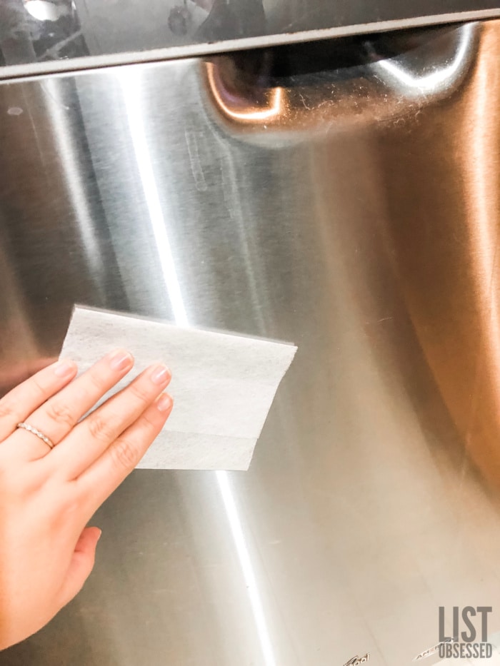 use dryer sheets to remove smudges on stainless steel