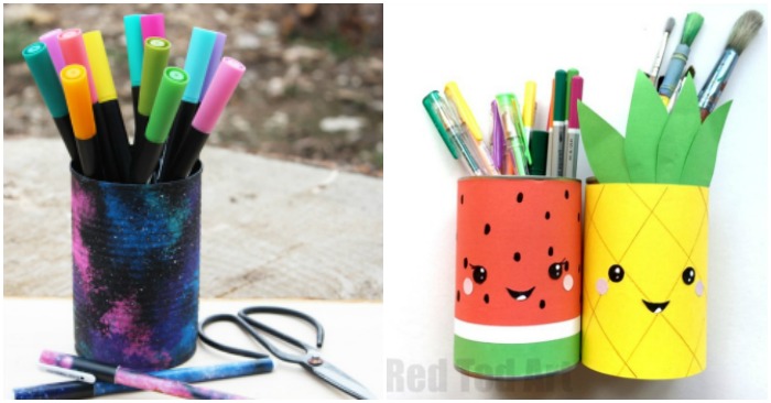 Pencil holders made from recycled tin cans