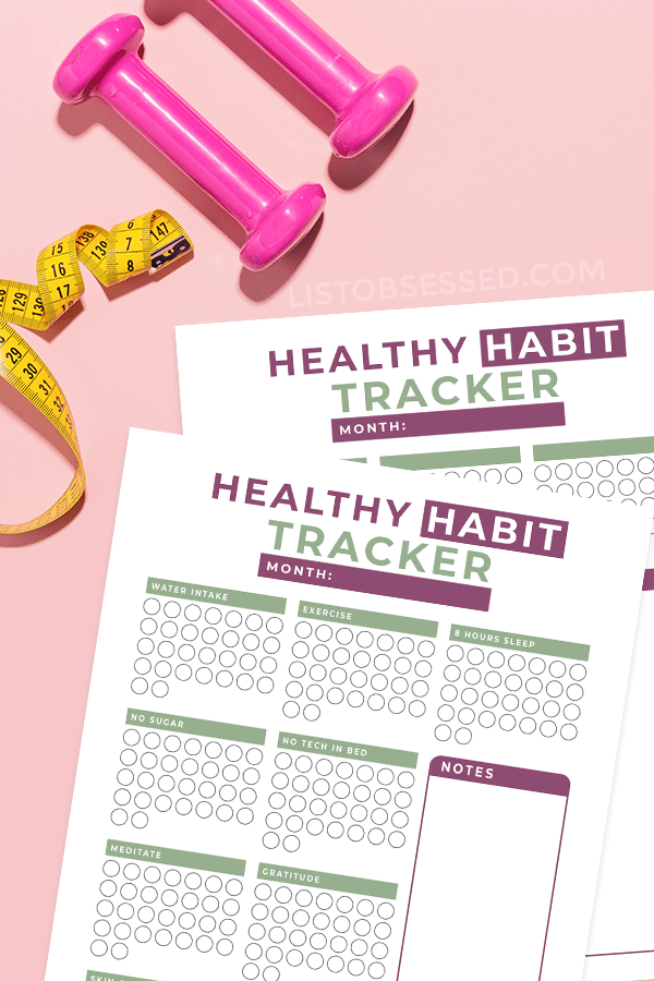 printable habit tracker on pink background with measuring tape and dumbbells