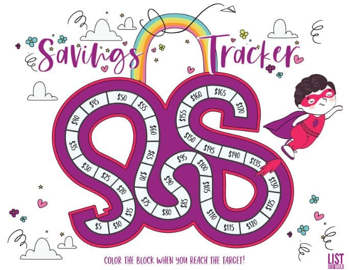 Color version of the printable savings tracker for kids