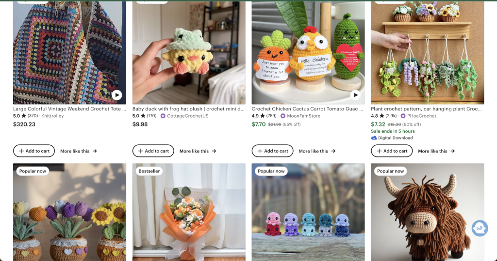 screenshot of Etsy with crochet products